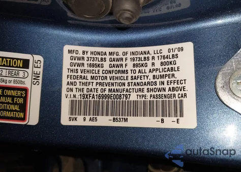 2009 Honda Civic Exl из США, поврежденный, VIN 19XFA16999E008797